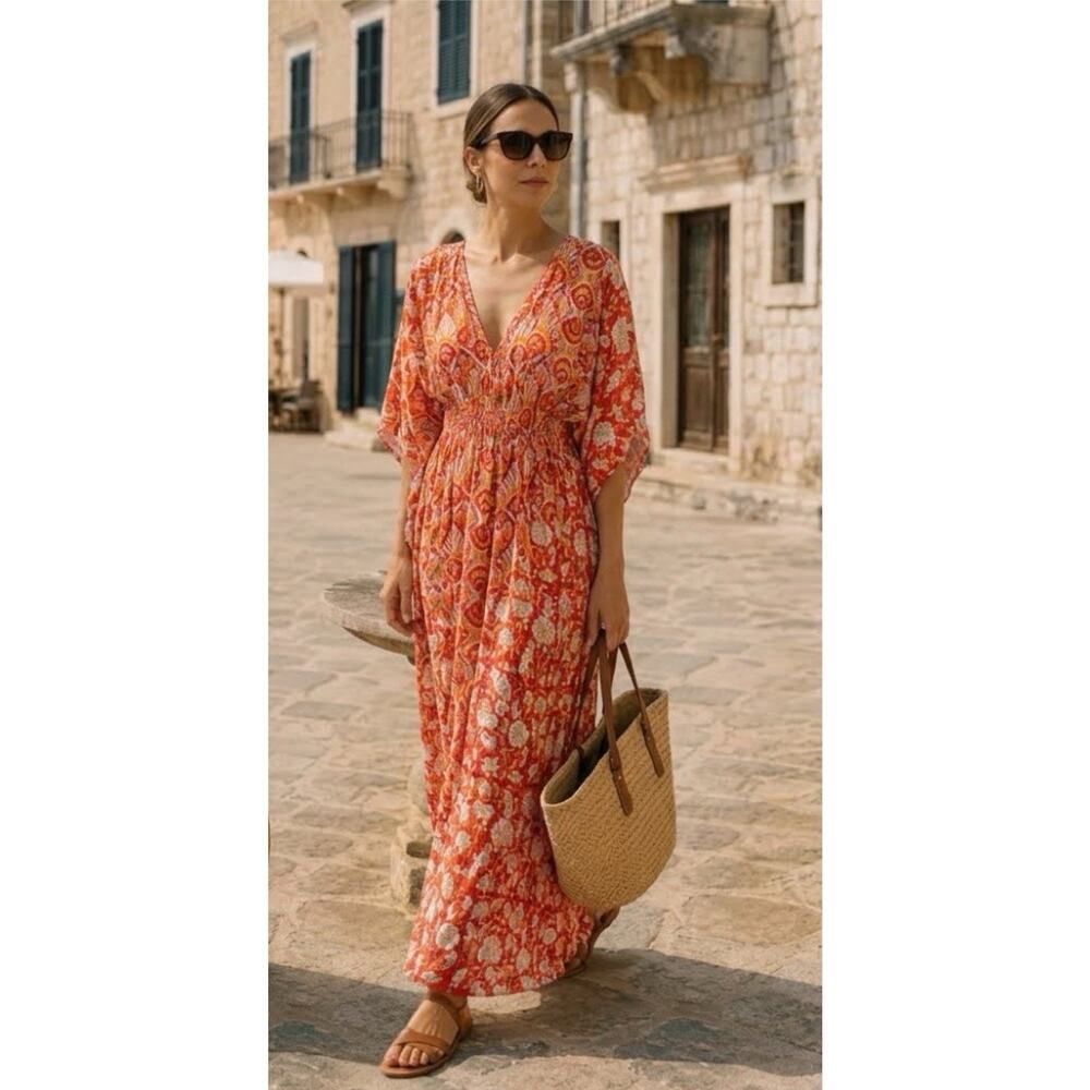 Rujuta Sheth Marie Cinch Kaftan Seashell Print Maxi Dress Sz M/L Resort Cover Up - Picture 5 of 10